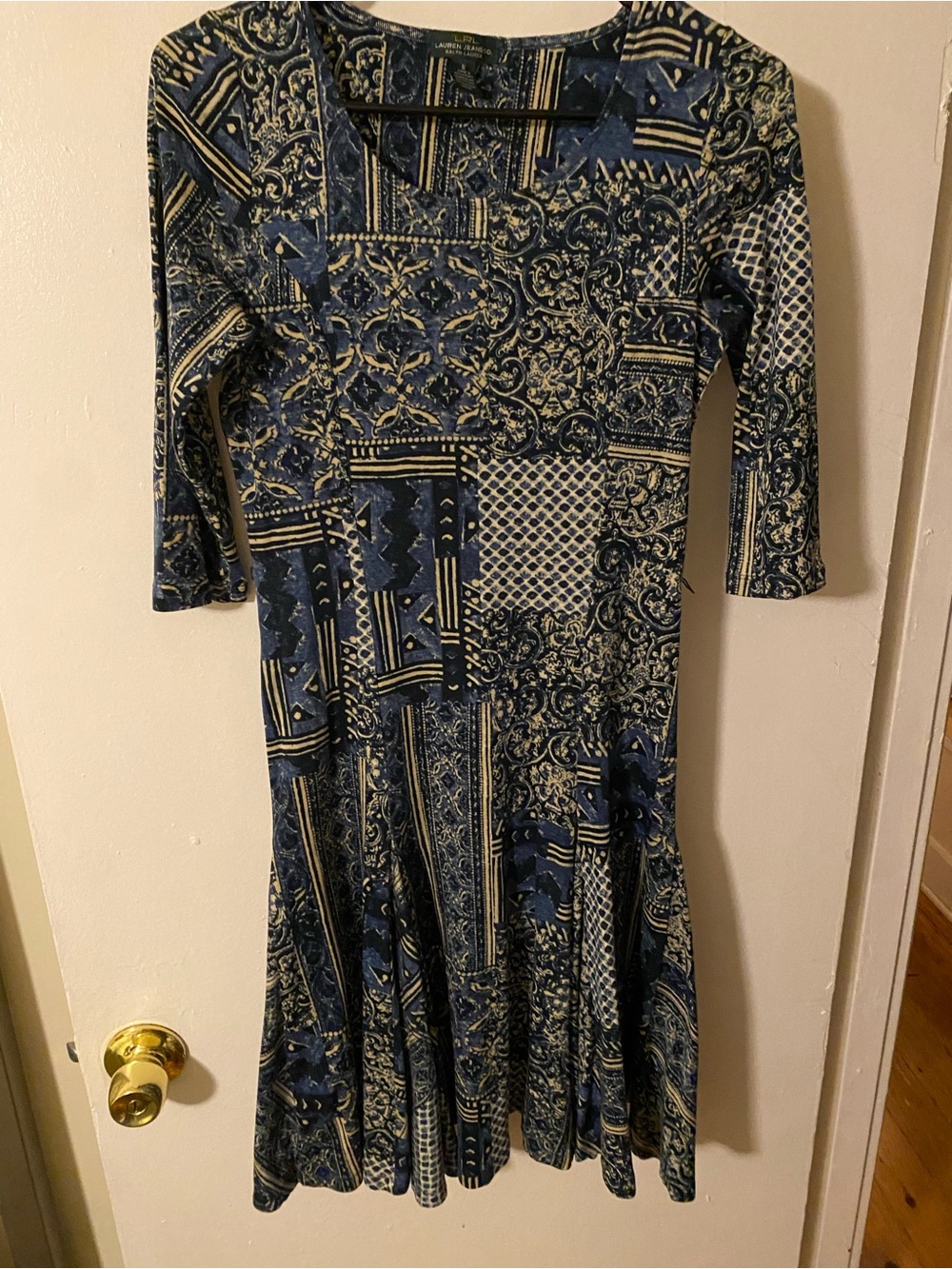 Ralph Lauren Navy and Cream Printed Midi Dress